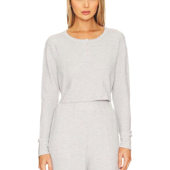 Revolve Grey Henley Crop Top SMALL Thermal Waffle Heathered Athleisure $98 NEW - Picture 1 of 6